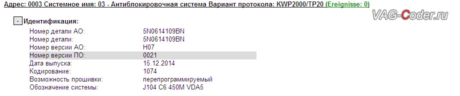 VW Tiguan-2015м/г - устаревшая версия прошивки блока ABS со сбоем программного обеспечения с проблемой слишком длинного торможения, обновление прошивки блока управления системы ABS от VAG-Coder.ru