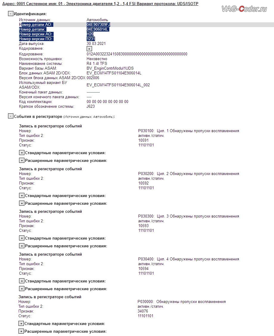 Skoda Octavia A8-2022м/г - активные и статичные ошибки в регистраторе событий в блоке управления электроники двигателя 1,4TSI (DJKA) по пропускам зажигания: P030100: Цил. 1 Обнаружены пропуски воспламенения, Признак: 10591, P030200: Цил. 2 Обнаружены пропуски воспламенения, Признак: 10592, P030300: Цил. 3 Обнаружены пропуски воспламенения, Признак: 10593, P030400: Цил. 4 Обнаружены пропуски воспламенения, Признак: 10594, P030000: Обнаружены пропуски воспламенения, Признак: 34076, обновление устаревшей прошивки блока управления двигателя 1,4TSI(DJKA) имеющей сбойное программное обеспечение и устраняющей пропуски зажигания до самой последней и актуальный заводский версий прошивки (устранение программных ошибок и сбоев программного обеспечения) на Шкода Октавия А8 в VAG-Coder.ru в Ростове-на-Дону