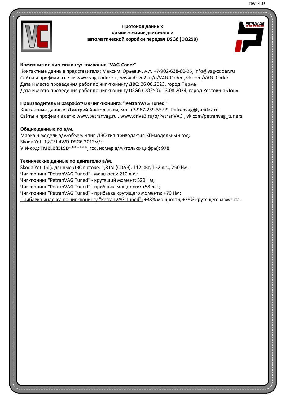 Skoda Yeti(978)-1,8TSI(CDAB)-4х4-DSG6-2013м/г - Протокол данных ДВС и DSG на чип-тюнинг PetranVAG-Tuned от VAG-Coder.ru в Ростове-на-Дону